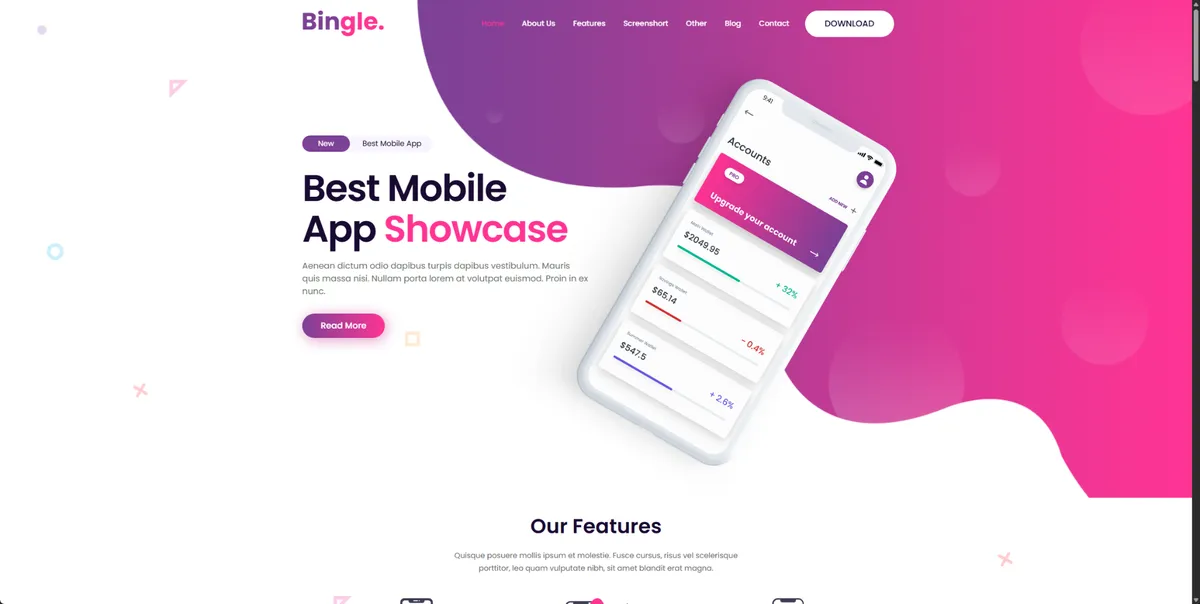 Bingle Template - Mobile App und Startup Landing Page Vorlage